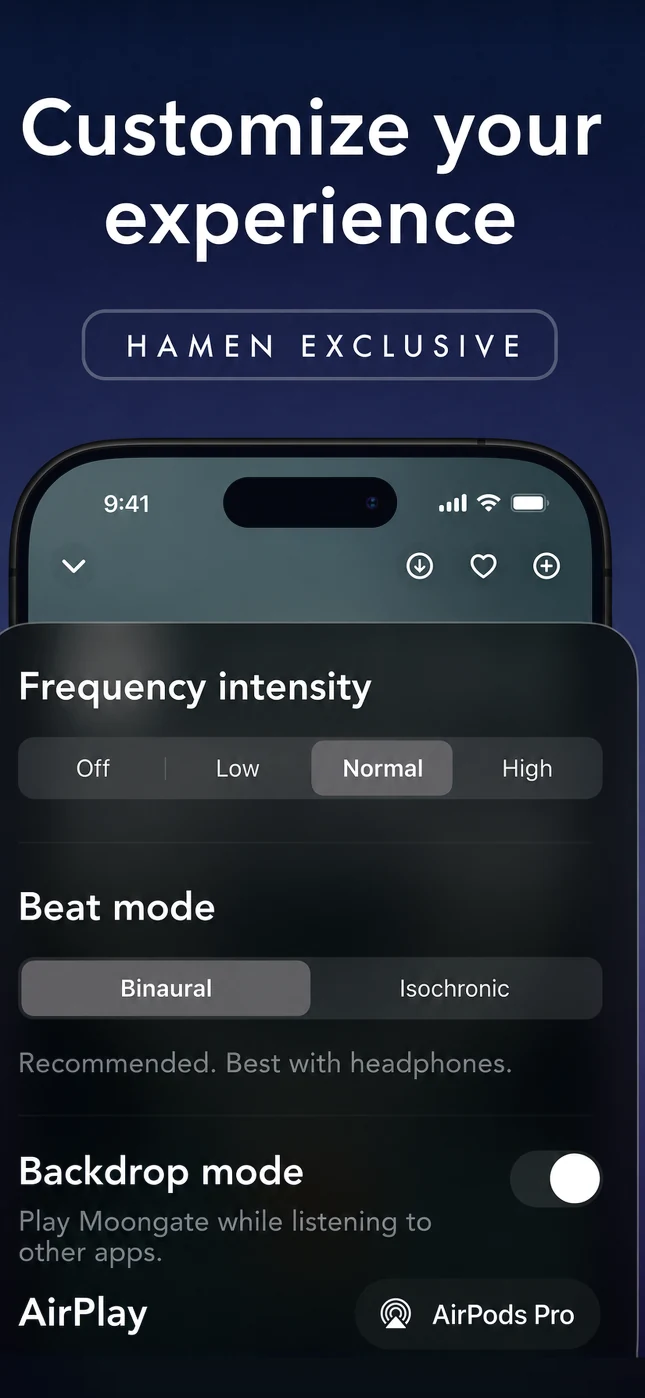 App Store capture of Hamen's frequency intensity, beat mode, backdrop and AirPlay controls on iPhone